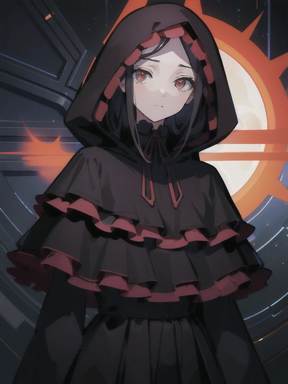 absurdos, high resolution, ultra detallado, desgarrar, pelo canoso, ojos rojos, hood, lazo para el pelo, cola de caballo, vestido negro, mangas largas, parte superior del cuerpo, colmillo, colmillo out, mirando al espectador