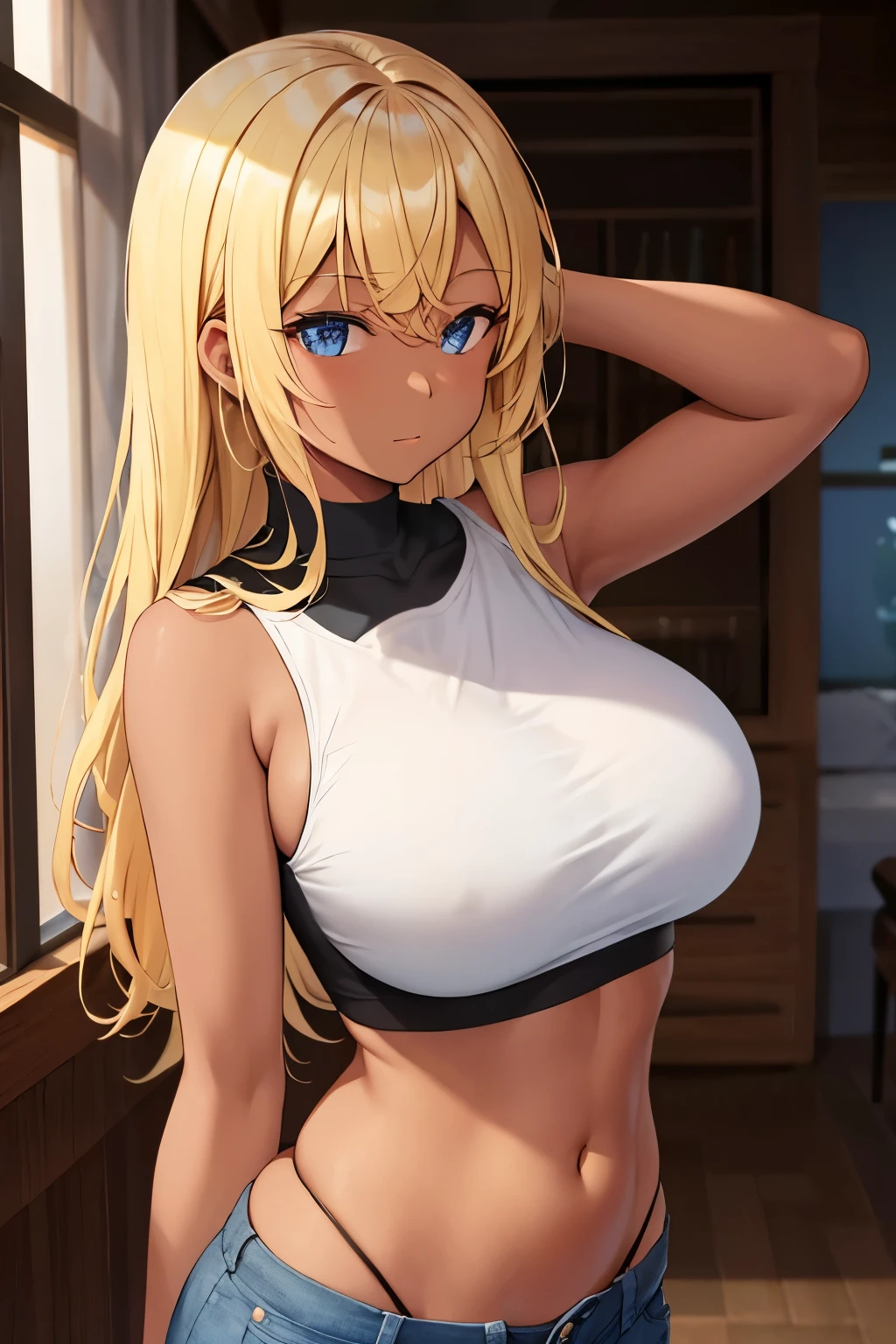 Masterpiece, Best Quality, Beautiful Girl, Blonde, Dark Skin, Belly, Sleeveless Shirt,
