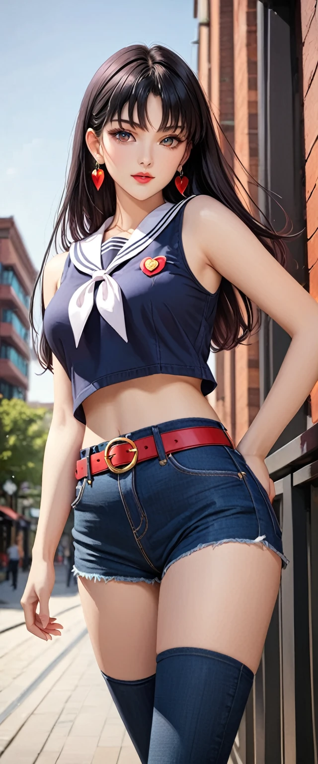 (best quality, masterpiece:1.2), 1girl, beautiful face, beautiful body, Sailor Mars, earrings, denim, belt, vibrant colors, realistic lighting, detailed shading, professional portrait, dynamic pose, urban background