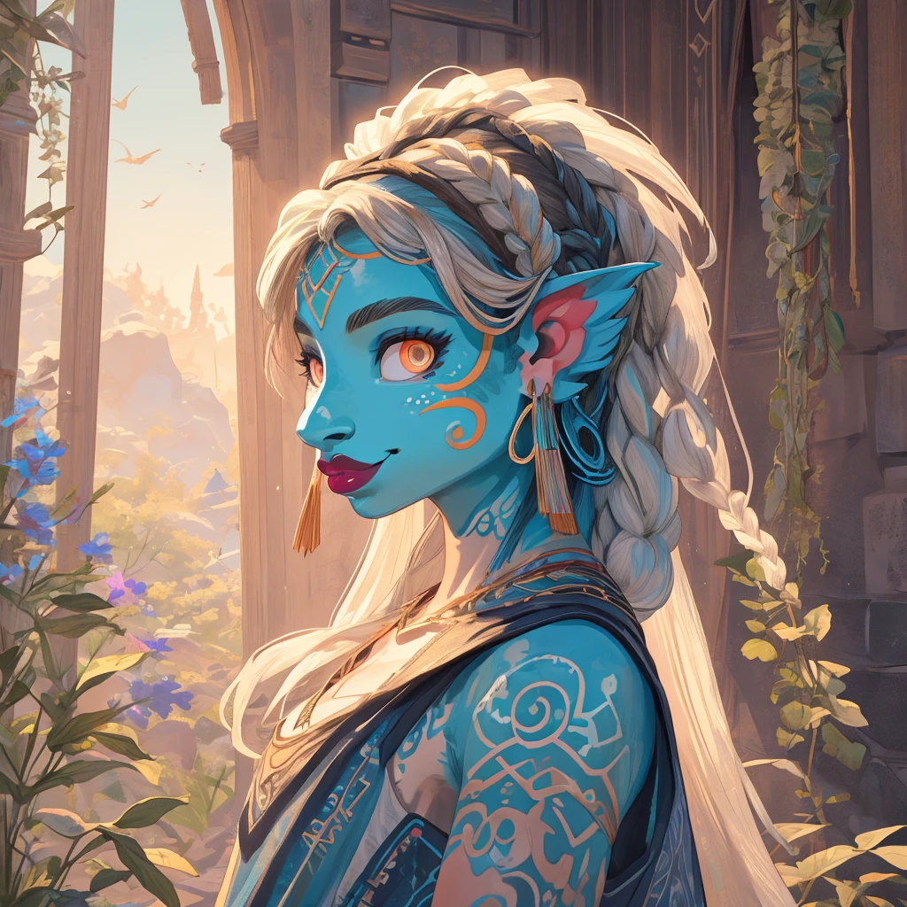 An Illustrated, Hand-Drawn, Full Color, Warm Lighting, Shadows, Graphite Shading, Stencil Marks, Airbrushed Acrylic Paint, In The Style Of Breath Of The Wild. ((Masterpiece)), ((Best Quality)), (Detailed), Luscious Lips, Image Of Anthro parrot Girl, Female, Humanoid, Furry, Beauty, Cute, Adorable, glowing Skin Color, Hi Res, Sharp, Detailed Background, Wide Smile, Bright Eyes.