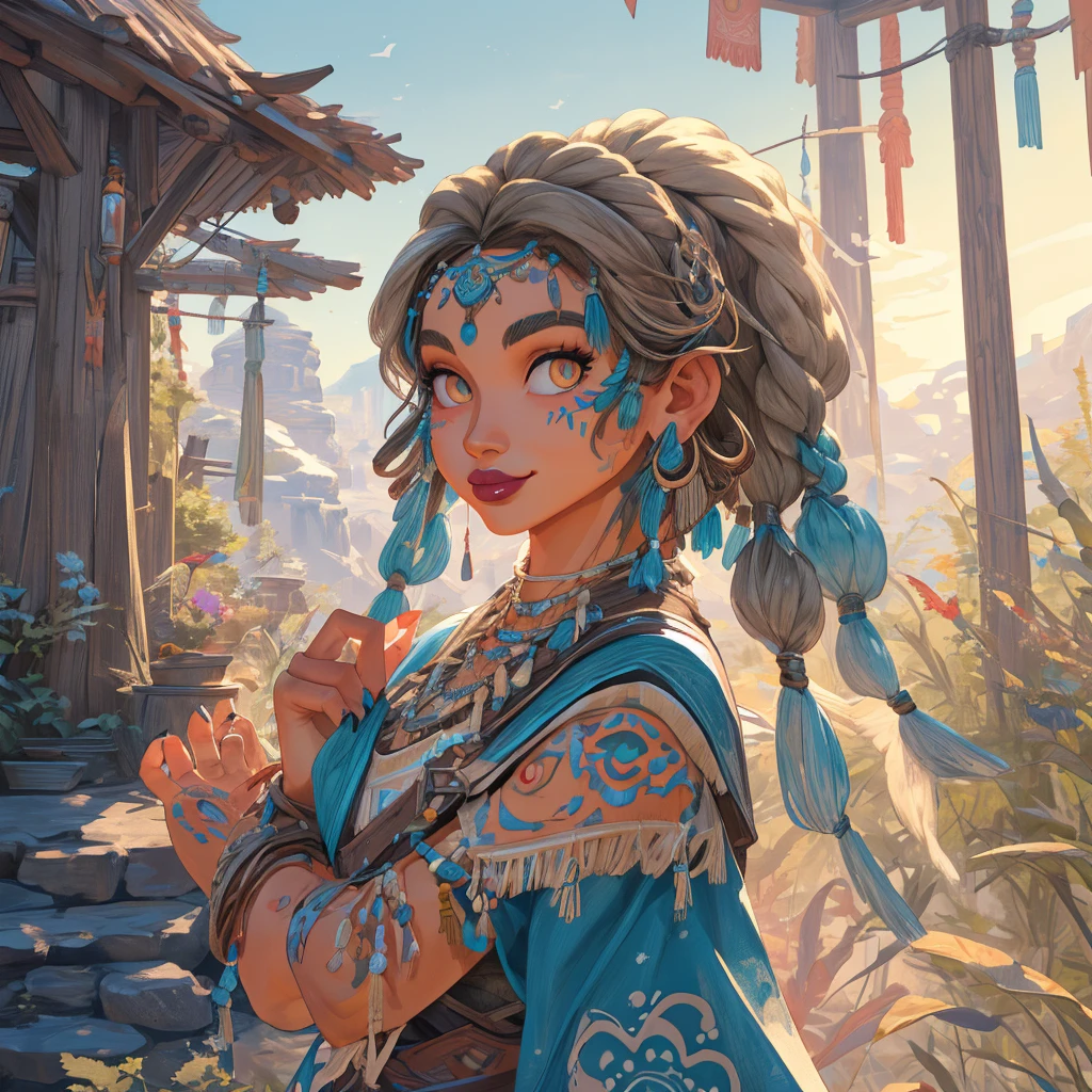 An Illustrated, Hand-Drawn, Full Color, Warm Lighting, Shadows, Graphite Shading, Stencil Marks, Airbrushed Acrylic Paint, In The Style Of Breath Of The Wild. ((Masterpiece)), ((Best Quality)), (Detailed), Luscious Lips, Image Of Anthro parrot Girl, Female, Humanoid, Furry, Beauty, Cute, Adorable, glowing Skin Color, Hi Res, Sharp, Detailed Background, Wide Smile, Bright Eyes.
