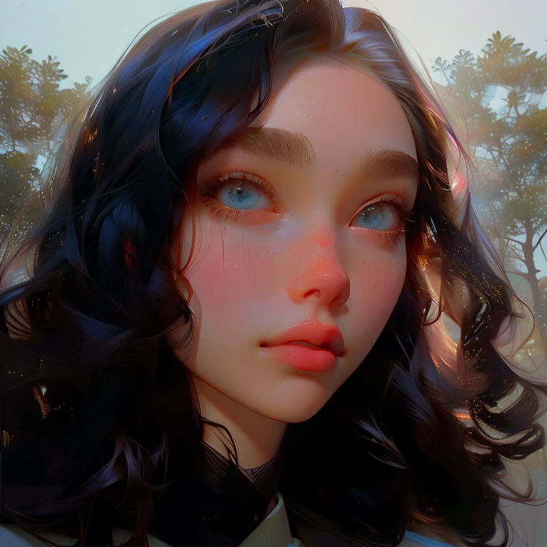 (Obra Prima, Melhor Qualidade, 4K, Realista), Litografia realista, mulher arafada com longos cabelos pretos e camisa branca, jovem infp, seu rosto emoldurado por cachos, profile picture with headshot, retrato de alta qualidade, retrato nft, com olhos assombrados e cabelos cacheados, 🤤 retrato de , selfie de uma jovem, Retrato de Sophie Mudd, na frente de um fundo de floresta, blue symmetrical eyes 24 years old