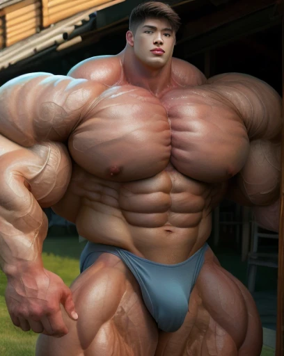 1 asian man, handsome, giant, buzz haircut, model shoot style, looking at camera, standing up, cool ambiance, outdoor, large dry meadows, strong body, bulk, sexy, sweaty, naked, wear prominent bulge triangular underwear, bulge, big, brutalmass, giant, muscular body, bulk, massive body, large meaty body size, brown skin, huge arms, ballooning meaty chests. Realistic, intricate detail