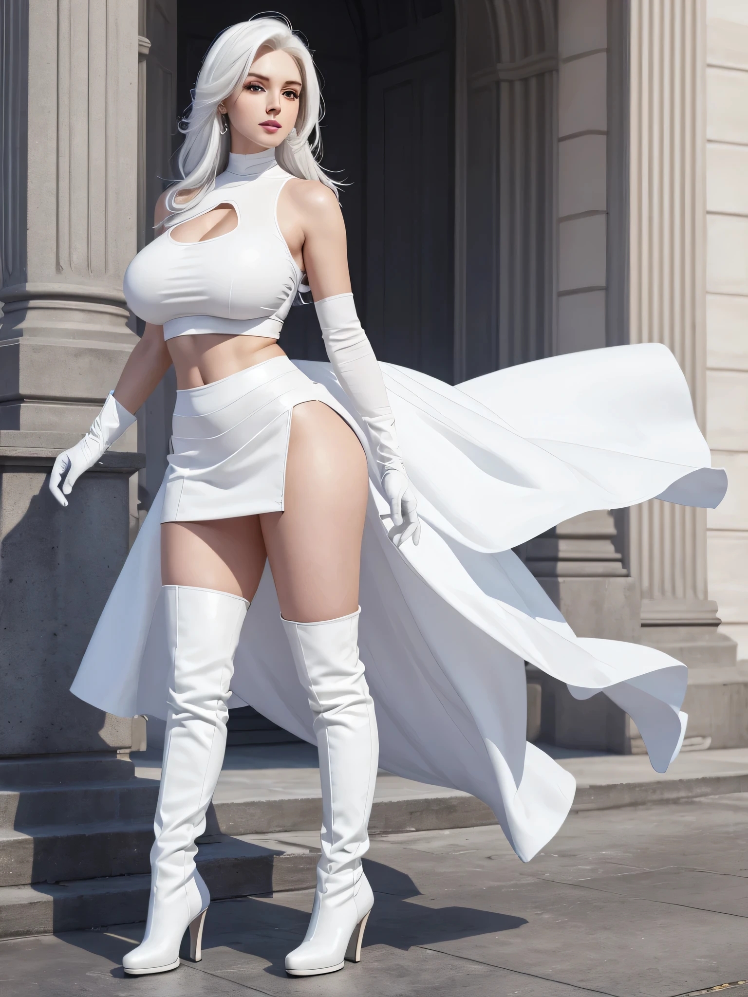 Full body, realistic, 8k, best quality, masterpiece, (1 beautiful woman, solo: 1.1), very big breasts, white hair, white dress, white gloves, white high heel boots
