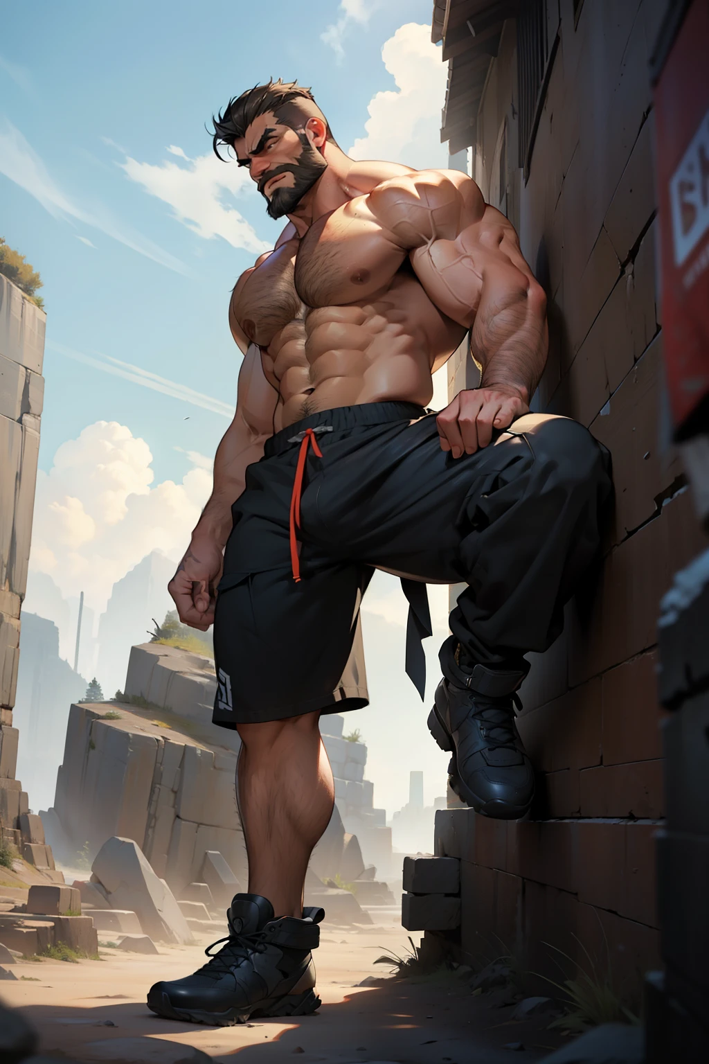 A colossal and muscular Wolverine, towering in a desolate landscape, stomps his powerful feet, causing the earth to shake. His enormous biceps bulge with raw strength, each vein standing out prominently. The high-resolution detail captures every sculpted muscle, showcasing his unparalleled physicality. The focus is on his matured, beefy form, adorned with a thick eyebrow and a designed beard, accentuating his rugged masculinity.

His stubble-covered face, wearing a detailed body and ultra-detailed eyes, exudes a sense of intense focus. The hyperdetailed elements, including his chiseled jawline