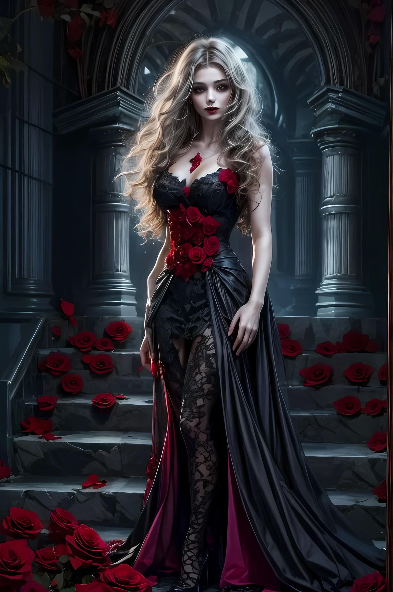 Dark fantasy art, fantasy art, goth art, a picture of a female vampire, exquisite beauty, full body shot, dark glamour shot, pale white skin, dark blond hair, long hair, wavy hair, (grey: 1.3) eyes, she wears a (red: 1.5) dress, ArmoredDress, the dress is decorated with (black: 1.5) roses, betmd, high heels, dark castle background,
 