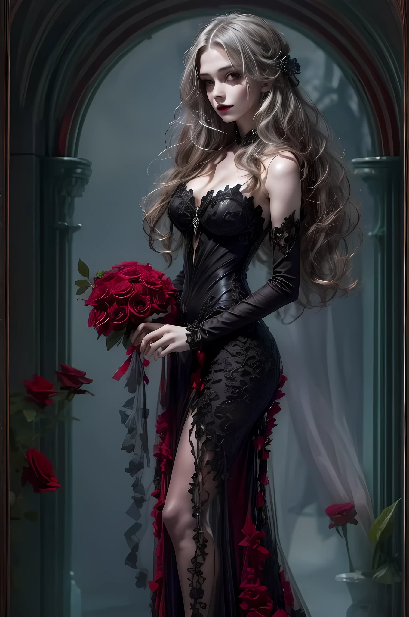 Dark fantasy art, fantasy art, goth art, a picture of a female vampire, exquisite beauty, full body shot, dark glamour shot, pale white skin, dark blond hair, long hair, wavy hair, (grey: 1.3) eyes, she wears a (red: 1.5) dress, ArmoredDress, the dress is decorated with (black: 1.5) roses, betmd, high heels, dark castle background,
 