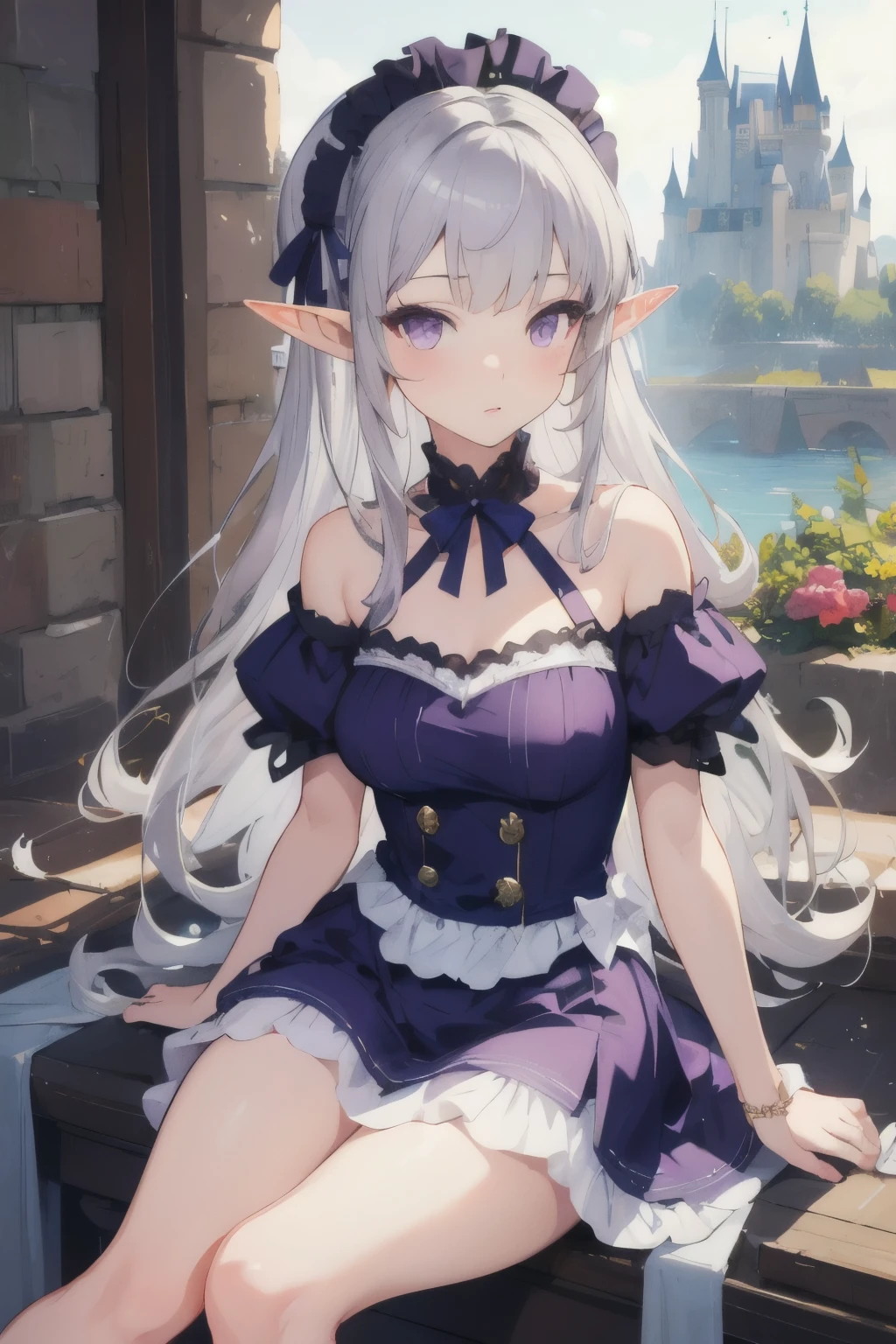 ((best quality)), ((masterpiece)), (detailed), perfect face, girl, arrogant, silver hair, long hair, purple eyes, lolita dress, elf ears, castle on background