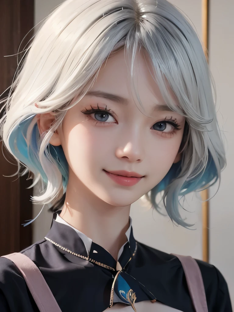 ((best quality)), ((masterpiece)), (detailed), perfect face. Asian girl. Smile. White hair. Small breast. Nipple. Pink panties.