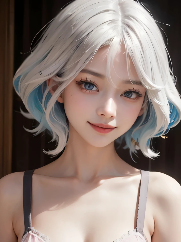 ((best quality)), ((masterpiece)), (detailed), perfect face. Asian girl. Smile. White hair. Small breast. Nipple. Pink panties.