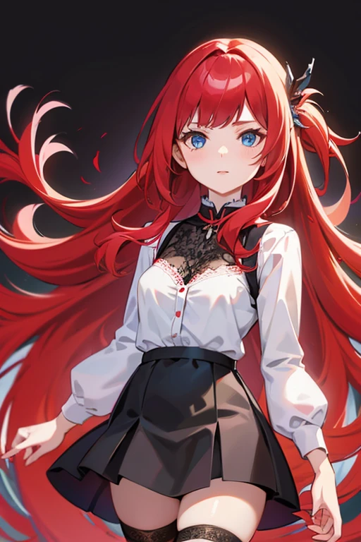 A beautiful anime girl with long flowing red hair, piercing blue eyes, wearing a short skirt and an open white shirt revealing a black and red lace bra