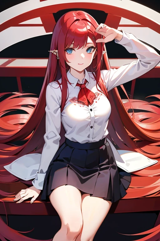 A beautiful anime girl with long flowing red hair, piercing blue eyes, wearing a short skirt and an open white shirt revealing a black and red lace bra