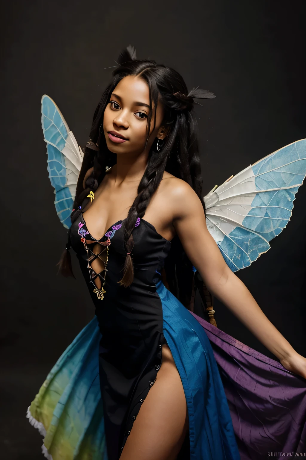 Disney style fairy with open wings, black skin, long dreadlocked hair, wearing a colorful dress