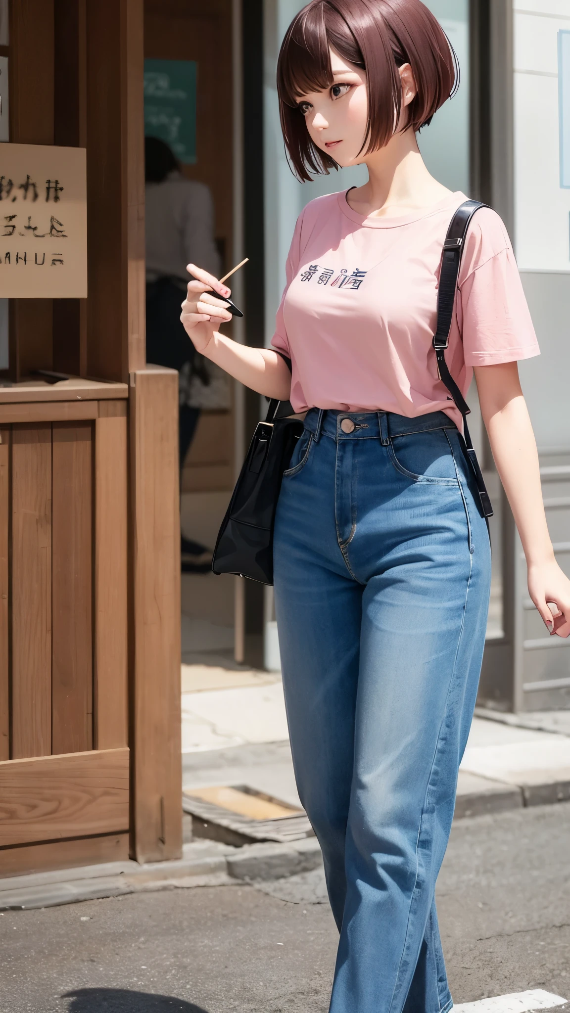 A woman with short hair packing disposable chopsticks Her hair color is pink, almost brown. Dressed in jeans and a T-shirt