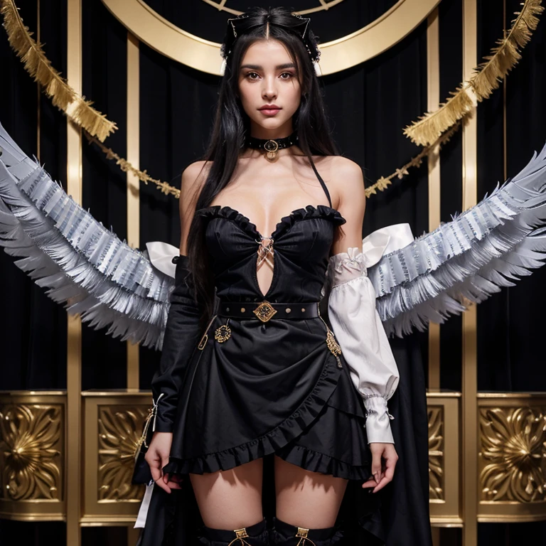 black long straight hair with a blue inner side decorated with silver and golden ornaments on her left, light purple eyes, a beauty mark below the left one, wears a striped shoulderless white shirt decorated with a black bow and a ruffled collar, The sleeves are covered with black fabric and resemble feathers at the edges, she wears black gloves, She has a sleeveless layered coat tied together with three crossed belts below her chest, She wears assymetrical high boots, the right one has a diamond pattern