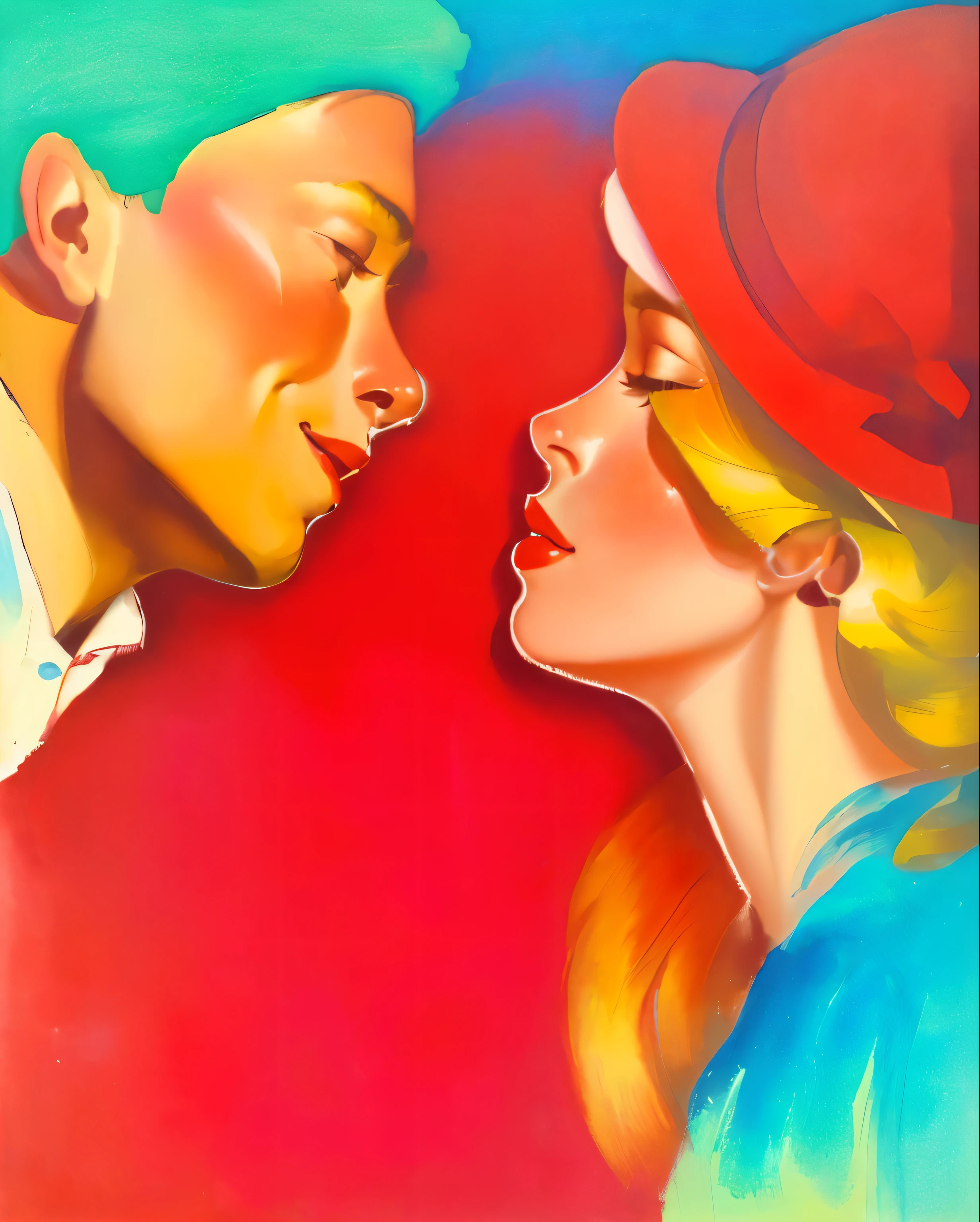 painting of a man and woman kissing each other with a red hat, inspired by Art Frahm, inspired by Harrison Fisher, by Adrienn Henczné Deák, by Mario Dubsky, the kiss, by Hovsep Pushman, inspired by Coby Whitmore, inspired by Gerda Wegener, art deco painting