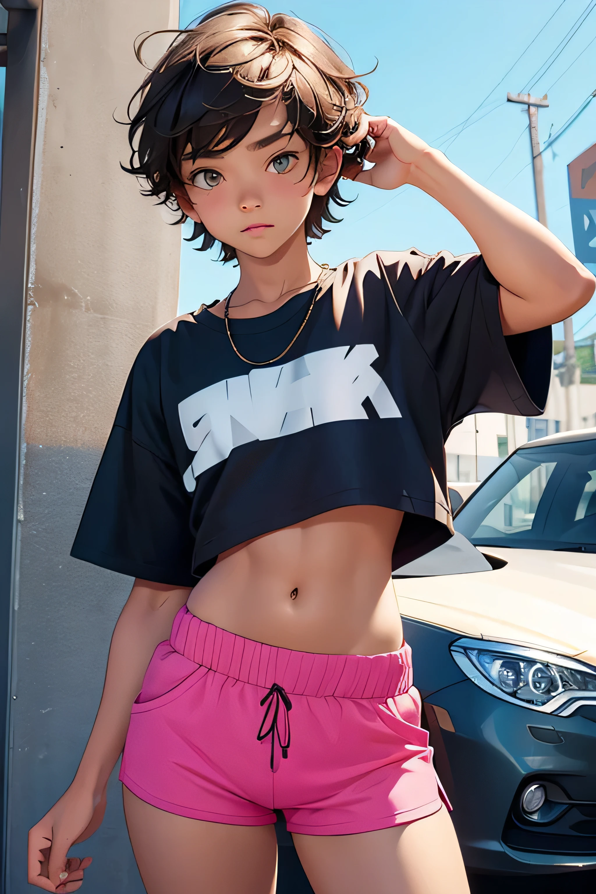 , boy wears a crop shirt and too very short mini shorts, flirty posing