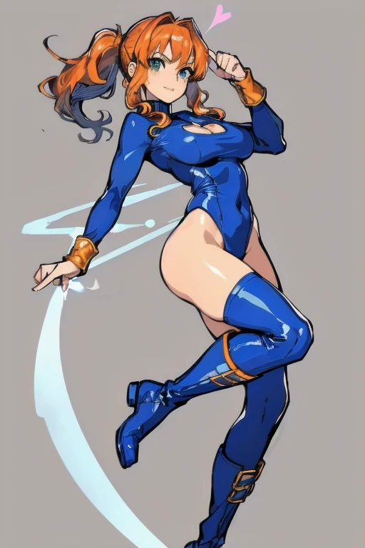 ((masterpiece)), (((best quality))), Illustration, (masterpiece), (best quality), (high res), 1lady, tall body, beautiful detailed eyes, beautiful detailed face, smiling, somber face, soft features, freckles, (perfect hands), complete fingers, perfect anatomy, perfect proportions, 26 years old, ((ginger hair, bright orange hair, curly hair, ponytail)), ((green eyes)), ((tight leotard, one piece leotard, light blue leotard, sky blue leotard, light blue theme, sky blue color costume, superhero, all blue costume, light skin, cheeky leotard, bare legs, thong leotard, matching leotard, long tight sleeve, heart-shaped boob window, cleavage, tight turtle-neck collar, blue stockings on legs)), ((boots, matching boots, skin tight boots, tight ankle-high boots, navy blue boots)), breasts, medium breasts, perky breasts (full body portrait), solo, solo focus, standing, character sheet, multiple angles, wearing the same clothing for each angle, identical look per angle, (long sleeves, navy blue gloves), full body costume design. (simple background, white background: 1.3), Beautiful face、in a city, flying in a city, punching pose, blue light beam emitting from feet and hands, action poses, dynamic poses, combat, new york city background,
