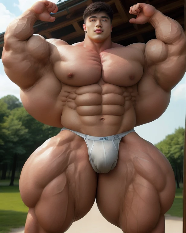 1 asian man, handsome, giant, buzz haircut, model shoot style, looking at camera, standing up, cool ambiance, outdoor, large dry meadows, strong body, bulk, sexy, sweaty, naked, armpit, wear prominent bulge triangular underwear, bulge, big, brutalmass, giant, muscular body, bulk, massive body, large meaty body size, brown skin, huge arms, ballooning meaty chests. Realistic, intricate detail