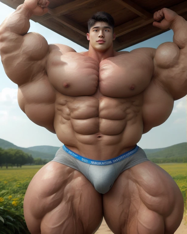 1 asian man, handsome, giant, buzz haircut, model shoot style, looking at camera, standing up, cool ambiance, outdoor, large dry meadows, strong body, bulk, sexy, sweaty, naked, armpit, wear prominent bulge triangular underwear, bulge, big, brutalmass, giant, muscular body, bulk, massive body, large meaty body size, brown skin, huge arms, ballooning meaty chests. Realistic, intricate detail