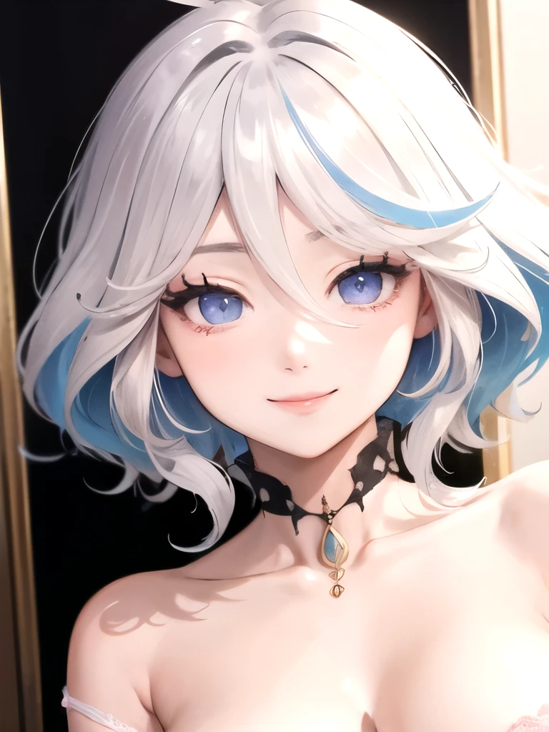 ((best quality)), ((masterpiece)), (detailed), perfect face. Asian girl. Smile. White hair. Small breast. Nipple. Pink panties.