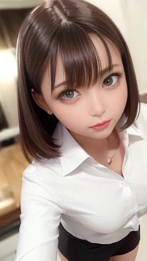 (Above the knee shot), Are standing:1.21, (highest quality:1.4), 32K resolution, (Realistic:1.5), (超Realistic:1.5), High resolution UHD, (masterpiece:1.2), (Improvement of quality:1.4), 1 female, Supermodel, 24-years-old, office lady, Face Light, Smooth lighting, Japanese women, Beautiful woman, action, gravure, sexy, A light smile, ((White business shirt:1.37)), (Black tight mini skirt),In a fashionable café:1.37, Blurred Background, Perfect Anatomy:1.37, Very detailed, (Dark Eyes), Symmetrical eyes, Thin lashes, Sharpen your eyebrows, Natural Makeup, [Pink lipstick], ((A great eye for quality:1.2)), (tired, Sleepy and satisfied:0.0), (Beautiful Lips:1.33), (Great nose:1.2), (Flat Chest), (Slim lower body), Shiny brown hair, Let your bangs hang long, (Handsome Short Hair:1.21), ((Realistic)), ((Sharp focus)), (Highest Resolution), ((The most ridiculous quality)), Thinness of the clavicle, (Ultra-high resolution:1.6), (Realistic:1.6), Cinema Lighting,raised nipples,
