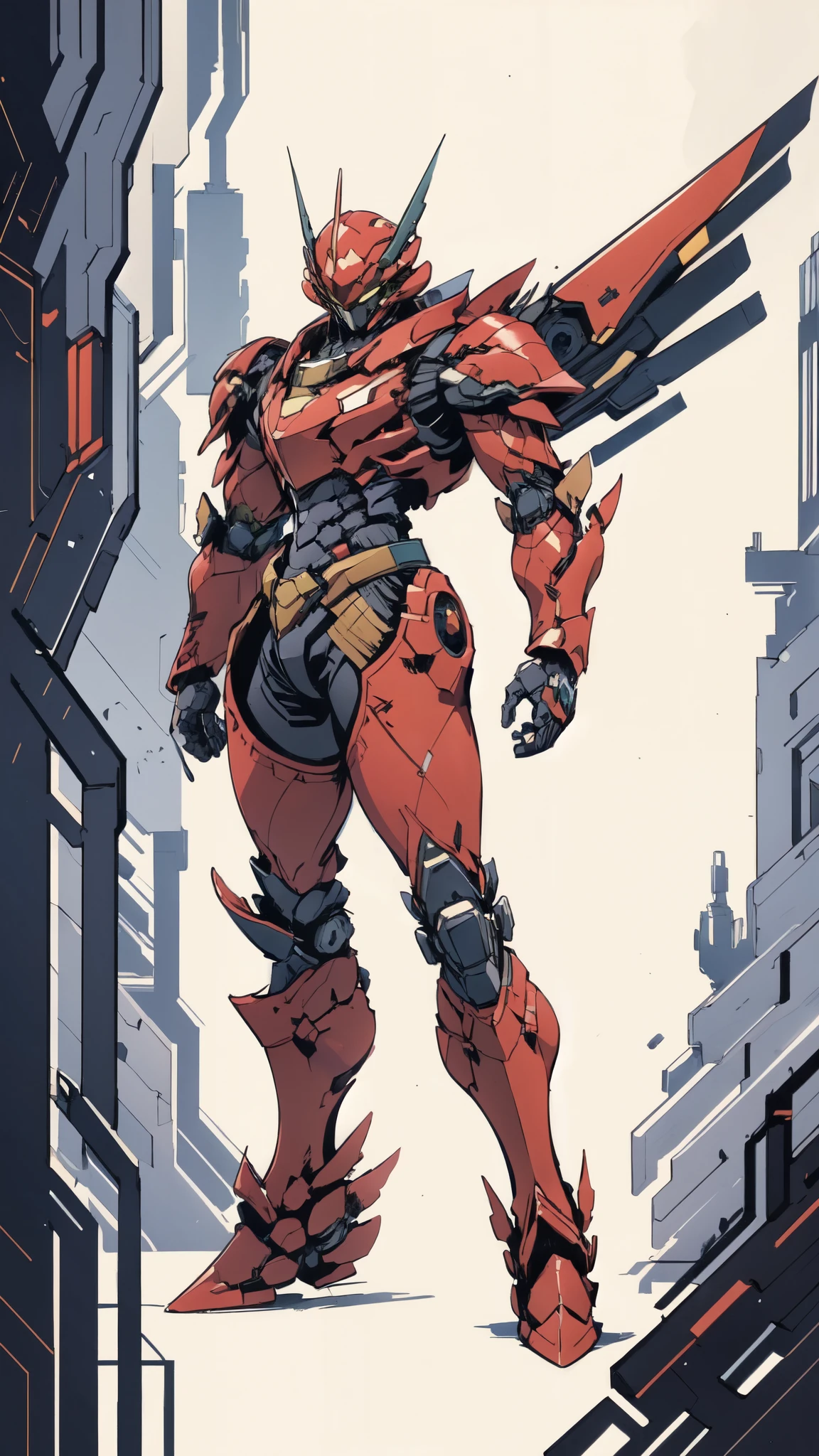 A man wearing a full-face helmet, a fantasy-style biotech armored combat suit, green eyes, (a composite layered chest armor), fully enclosed shoulder guards, matching arm and leg guards, the belt is adorned with 666 mark, (the color scheme is primarily red with yellow and white accents), the design balances heavy with agility, a high-tech bio-mecha armor, (Armor Concept Inspired by Demon, stand on the top of a skyscraper in a futuristic sci-fi city), this character embodies a finely crafted fantasy-surreal style armored hero in anime style, exquisite and mature manga art style, (battle damage, element, plasma, energy, the armor glows), ((male:1.5)), metallic, real texture material, dramatic, high definition, best quality, highres, ultra-detailed, ultra-fine painting, extremely delicate, professional, perfect body proportions, golden ratio, anatomically correct, symmetrical face, extremely detailed eyes and face, high quality eyes, creativity, RAW photo, UHD, 32k, Natural light, cinematic lighting, masterpiece-anatomy-perfect, masterpiece:1.5