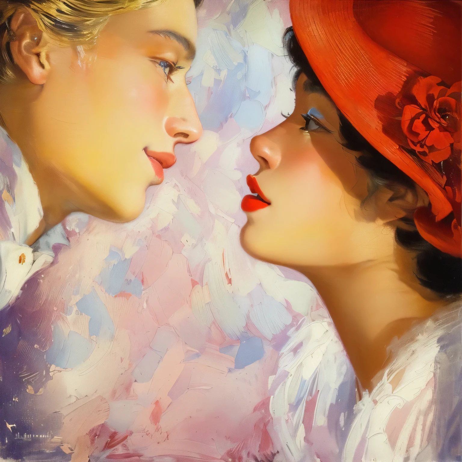 painting of a man and woman kissing each other with a red hat, inspired by Art Frahm, inspired by Harrison Fisher, by Adrienn Henczné Deák, by Mario Dubsky, the kiss, by Hovsep Pushman, inspired by Coby Whitmore, inspired by Gerda Wegener, art deco painting