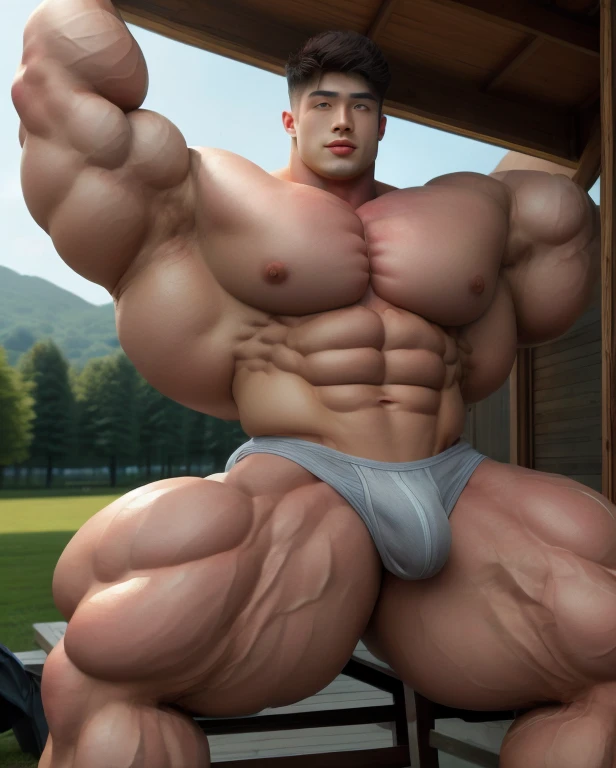 1 asian man, handsome, giant, buzz haircut, model shoot style, looking at camera, standing up, cool ambiance, outdoor, large dry meadows, strong body, bulk, naked, armpit, wear prominent bulge triangular underwear, bulge, big, brutalmass, giant, muscular body, bulk, massive body, large meaty body size, brown skin, huge arms, ballooning meaty chests. Realistic, intricate detail