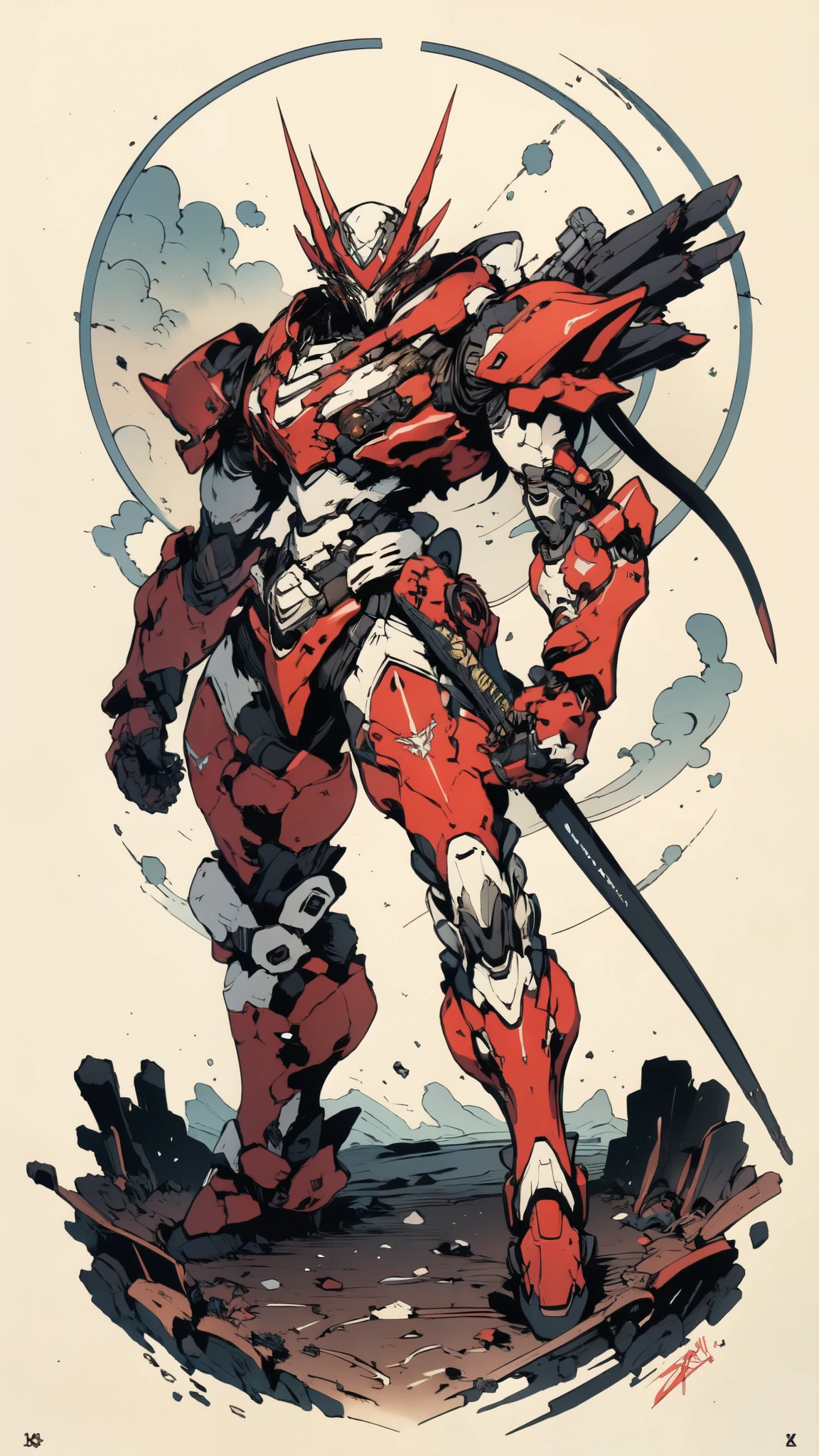 A man wearing a full-face helmet, a fantasy-style biotech armored combat suit, green eyes, (a composite layered chest armor), fully enclosed shoulder guards, matching arm and leg guards, the belt is adorned with 666 mark, (the color scheme is primarily red with yellow and white accents), the design balances heavy with agility, a high-tech bio-mecha armor, (Armor Concept Inspired by Demon, stand on the top of a skyscraper in a futuristic sci-fi city), this character embodies a finely crafted fantasy-surreal style armored hero in anime style, exquisite and mature manga art style, (battle damage, element, plasma, energy, the armor glows), ((male:1.5)), metallic, real texture material, dramatic, high definition, best quality, highres, ultra-detailed, ultra-fine painting, extremely delicate, professional, perfect body proportions, golden ratio, anatomically correct, symmetrical face, extremely detailed eyes and face, high quality eyes, creativity, RAW photo, UHD, 32k, Natural light, cinematic lighting, masterpiece-anatomy-perfect, masterpiece:1.5