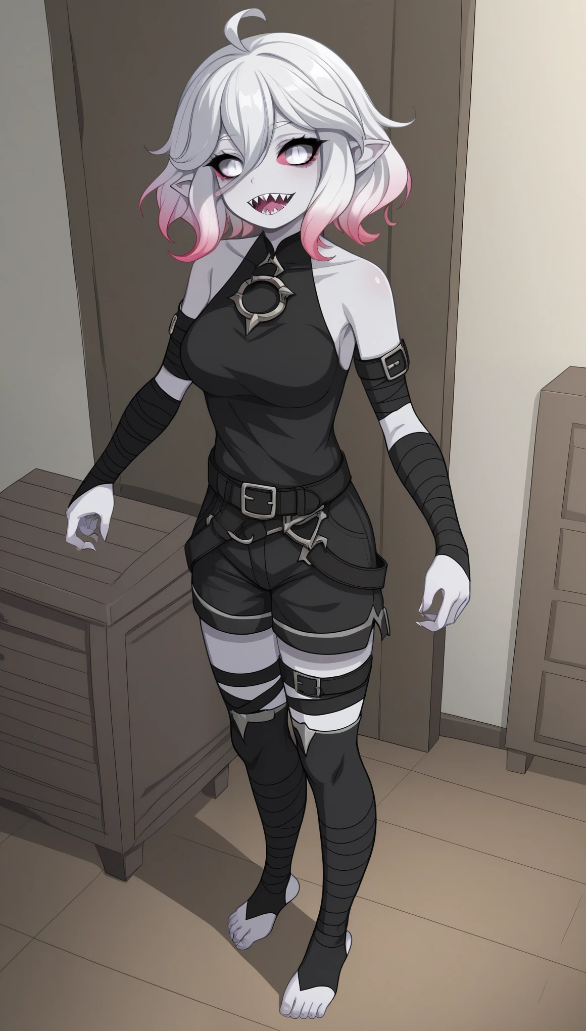 BriarLoLXL, white eyes, colored sclera, white hair, multicolored hair, gradient hair, short hair, hair between eyes, ahoge, pointy ears, sharp teeth, pale skin, grey skin, colored skin, medium breasts, bare shoulders, black thight shirt, jewelry, detached sleeves, black shorts, belt, (black bandaged leg:1.2), black legwear, toeless legwear, solo, standing, looking at viewer, indoors