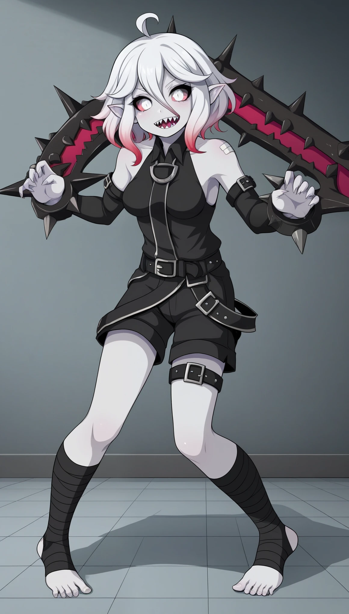 BriarLoLXL, white eyes, colored sclera, white hair, multicolored hair, gradient hair, short hair, hair between eyes, ahoge, pointy ears, sharp teeth, pale skin, grey skin, colored skin, medium breasts, bare shoulders, black thight shirt, jewelry, detached sleeves, black shorts, belt, (black bandaged leg:1.2), black legwear, toeless legwear, y pose, spiked weapon (object), wrist on (object), united spiked weapon, single jewelry, runes, spiked weapon over shoulder, solo, standing, looking at viewer, indoors