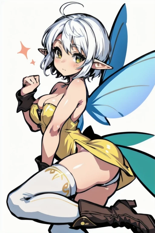 tiny fairy, flying in the air, large breasts, chibi art, tiny leaf dress, yellow dress, short dress, giant fairy wings, elf ears, skimpy dress, white thigh high stockings, pixie cut hair, white hair, seductive, tiny hands and feet, white boots, big simple eyes, happy look, fluttering, simple background, white background,
