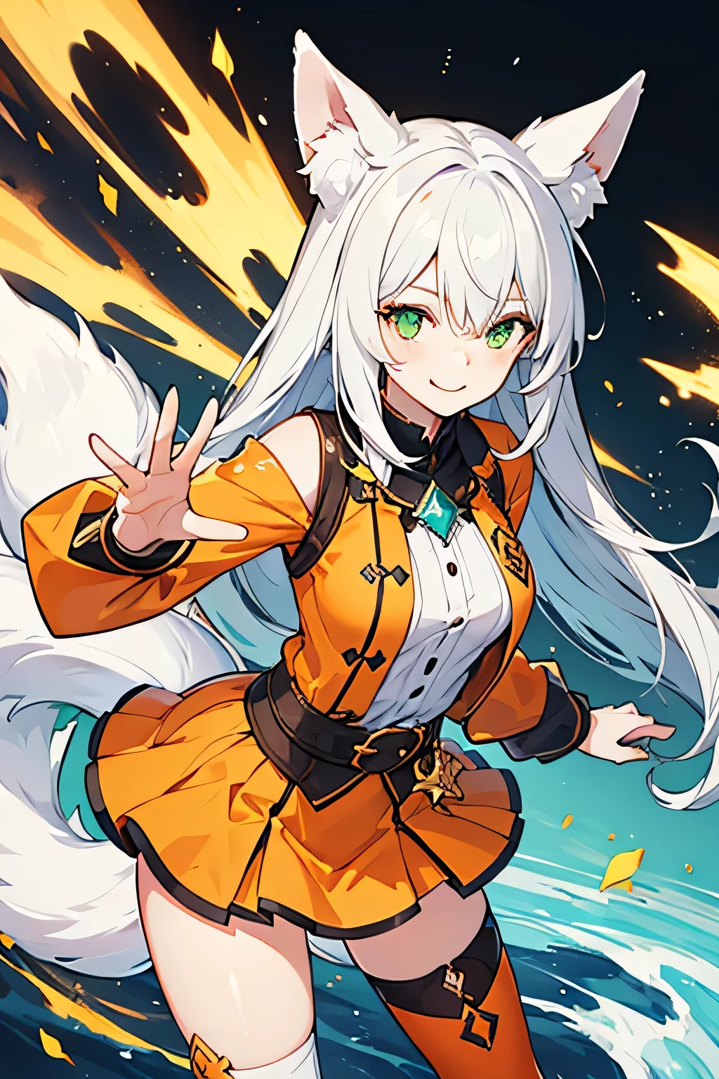 rpg character, 1 girl, {{white fox tail and ears}}, orange and green outfit, dynamic pose, (masterpiece), {8k wallpaper}, miniskirt, {{smile}}, (detailed eyes)