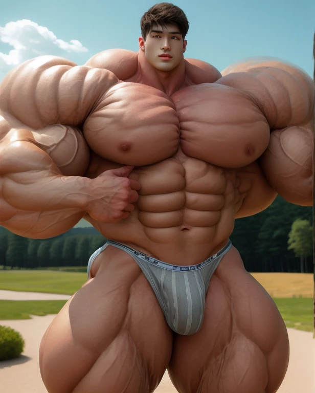 1 asian man, handsome, giant, buzz haircut, model shoot style, looking at camera, standing up, cool ambiance, outdoor, large dry meadows, strong body, bulk, naked, hairy armpit, wear prominent bulge triangular underwear, bulge, big, brutalmass, giant, muscular body, bulk, massive body, large meaty body size, brown skin, huge arms, ballooning meaty chests. Realistic, intricate detail