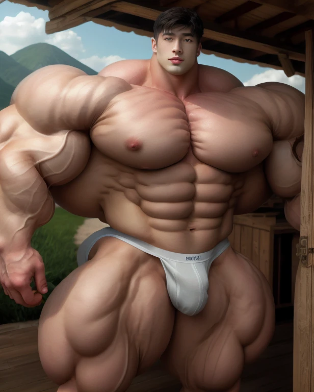1 asian man, handsome, giant, buzz haircut, model shoot style, looking at camera, standing up, cool ambiance, outdoor, large dry meadows, strong body, bulk, naked, hairy armpit, wear prominent bulge triangular underwear, bulge, big, brutalmass, giant, muscular body, bulk, massive body, large meaty body size, brown skin, huge arms, ballooning meaty chests. Realistic, intricate detail