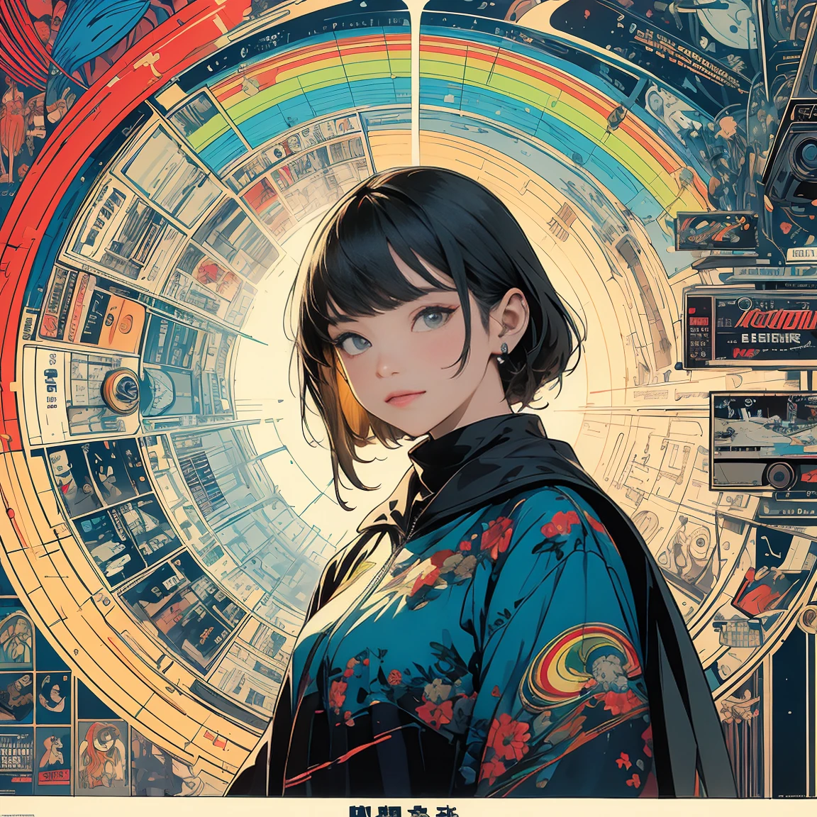 (masterpiece, highest quality), 32k,(A very detailed beautiful woman), poster,science fiction,1960s,1970's,bauhaus, shape, OK, abstract, propaganda,movie poster, vintage,retro,Futuristic,anime,ultimate map,Perfect rainbow,highlight,highly detailed eyes,