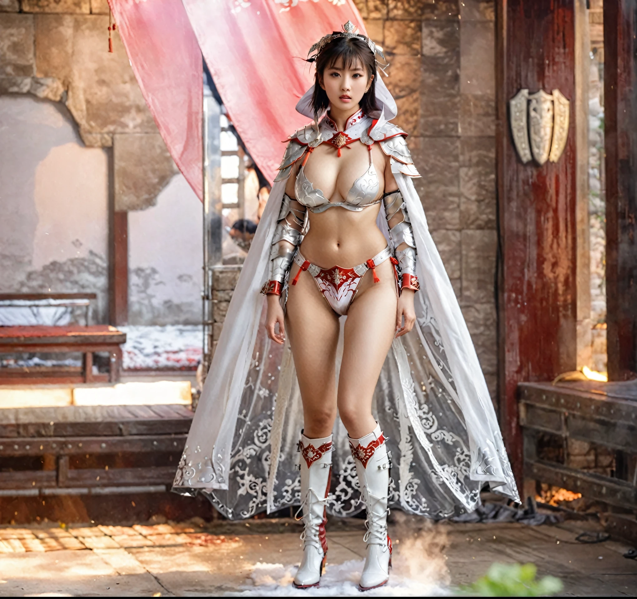 chinese princess warrior,, Short hair girl, L, Lustful eyes, erotic expression, bikini red and white armor,  almost naked, Huge breasts，Long-legged girl, Put on metal boots, long cloak