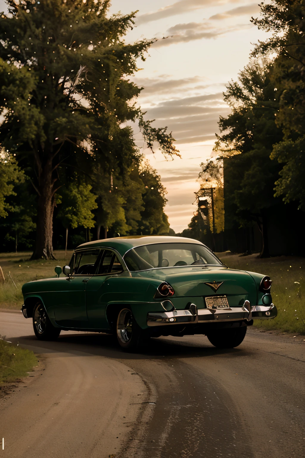 Photo of a vintage estate car, it’s a Chevrolet from 1955, shot from behind, it’s driving on a gravel road in a forest, dusk, film photography style, 4k