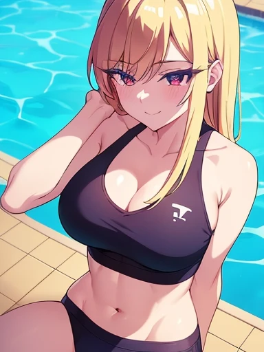 arms behind head, squatting、bdominal muscles、lying, arms up ,swimming pool, hooligan, sitting in the pool edge, looks at the viewer, ssmile, grin, criminal, laughting, shirt unbuttoned, stooping forward, handsome body(Perfect Anatomy 1.1), medium chest size, bare breasts, bathing suit, madwoman, vulgar, Erotica, half naked, beautiful breasts, waist, bare buttocks, sexy body, hight resolution, 1girl, solo, hairlong, blonde woman, dangerous,vivid eyes,Yellow eyes, Odin, Mesmerizing eyes,Confident,superior, naughty, red horns, Energy from a chainsaw, Red horns on the head, Cool anime 8K, Clean and detailed anime art, 4K Manga Wallpapers, Подробный портрет Anime Girl, Anime 4K Style, Anime Art Wallpapers 4K, Anime Art Wallpaper 4K Masterpiece, Gorgeous, Best Quality,