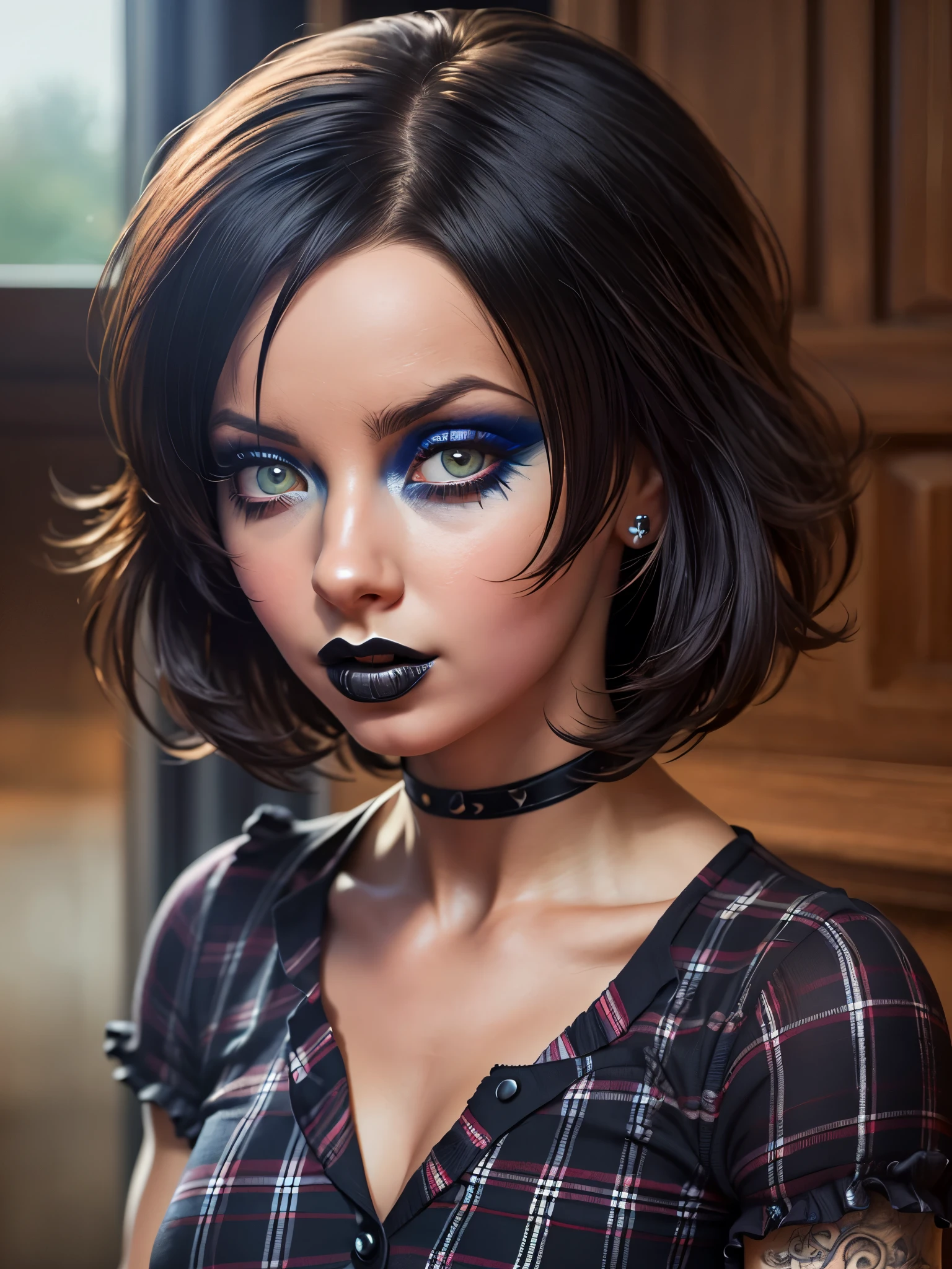 Cute little (Yulia Volkova, Strong Gothic Makeup) with black twister bob hair in a plaid dress, two-bichrome eyes, Hyper-realistic, insanely detailed, Gaston Bussière's style, John Wilhelm --ar 3:4 --s 750