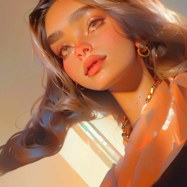(Obra Prima, Melhor Qualidade, 4K, Realista), Litografia realista, a close-up of a woman with a necklace around her neck, imagem de perfil, Retrato de Sophie Mudd, Isabela Moner, nodded, colar de concha puka, imagem de perfil, linda mulher mexicana bronzeada, ela tem pele morena oliva, lindo rosto latina, usando uma gargantilha nativa americana, sensual lips :5 elegante, Cerveja suave rainha do diabo madison