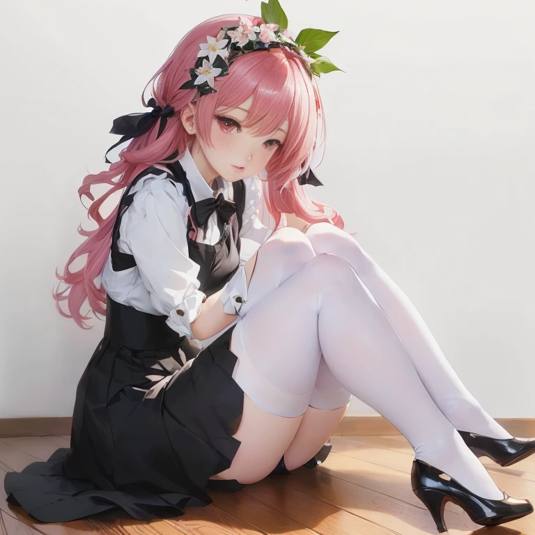 anime girl with pink hair sitting on the floor with her legs crossed, cute anime waifu in a nice dress,  in dress, marin kitagawa fanart, guweiz on pixiv artstation, smooth anime cg art, best anime 4k konachan wallpaper, 8k high quality detailed art, beautiful anime girl squatting, cute anime girl