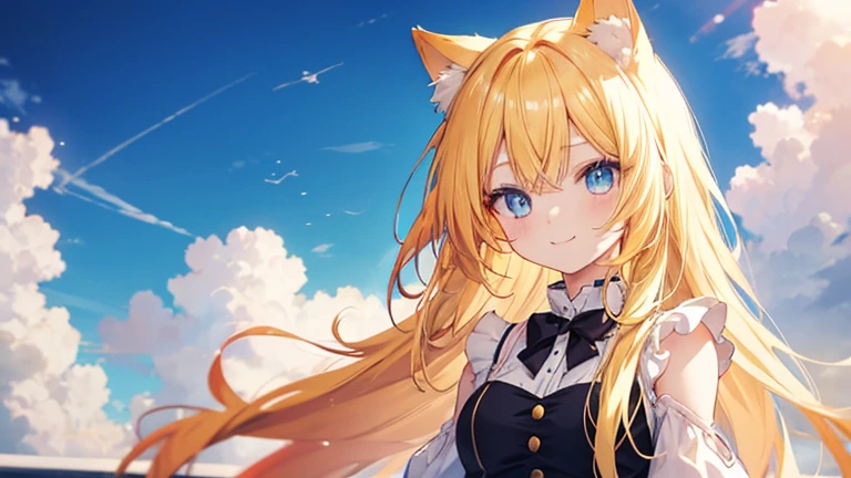 Anime cat girl with long yellow hair and blue eyes, cute and sweet smile.