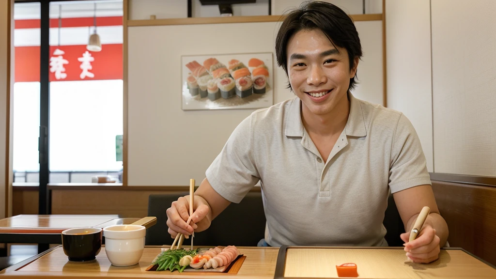 Grabbing sushi with chopsticks, man, front, handsome, sitting straight, smiling