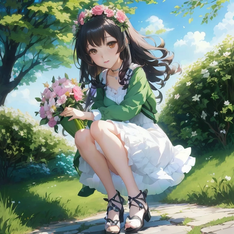 anime girl with flowers sitting on a stone path in a park, anime moe artstyle, official artwork, in dress, official art, anime visual of a cute girl, beautiful anime girl, guweiz, cute anime girl, marin kitagawa fanart, guweiz on pixiv artstation, smooth anime cg art, with flowers, pretty anime girl