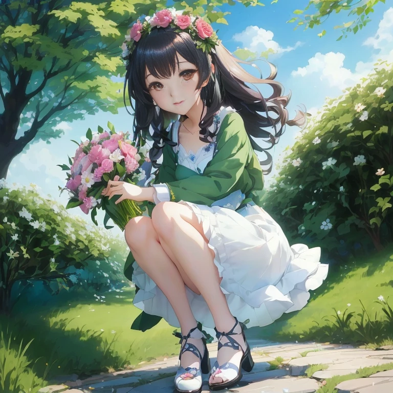 anime girl with flowers sitting on a stone path in a park, anime moe artstyle, official artwork, in dress, official art, anime visual of a cute girl, beautiful anime girl, guweiz, cute anime girl, marin kitagawa fanart, guweiz on pixiv artstation, smooth anime cg art, with flowers, pretty anime girl