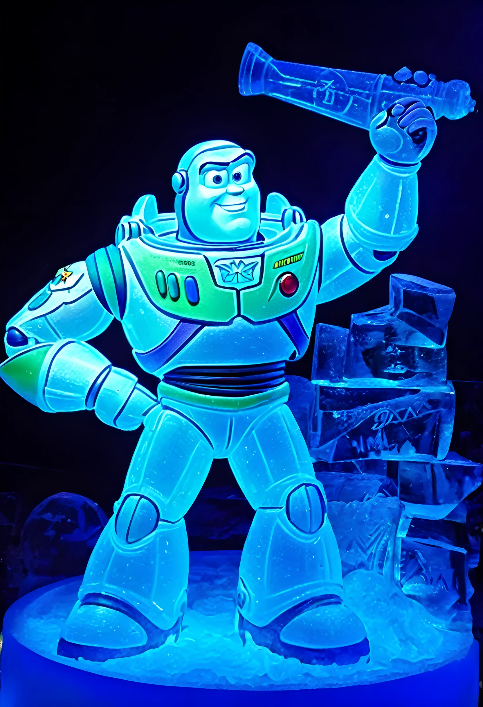 Ice sculpture,Ice sculpture art,pixar art,buzz lightyear(made of ice,), imax 7 0 mm,detail,