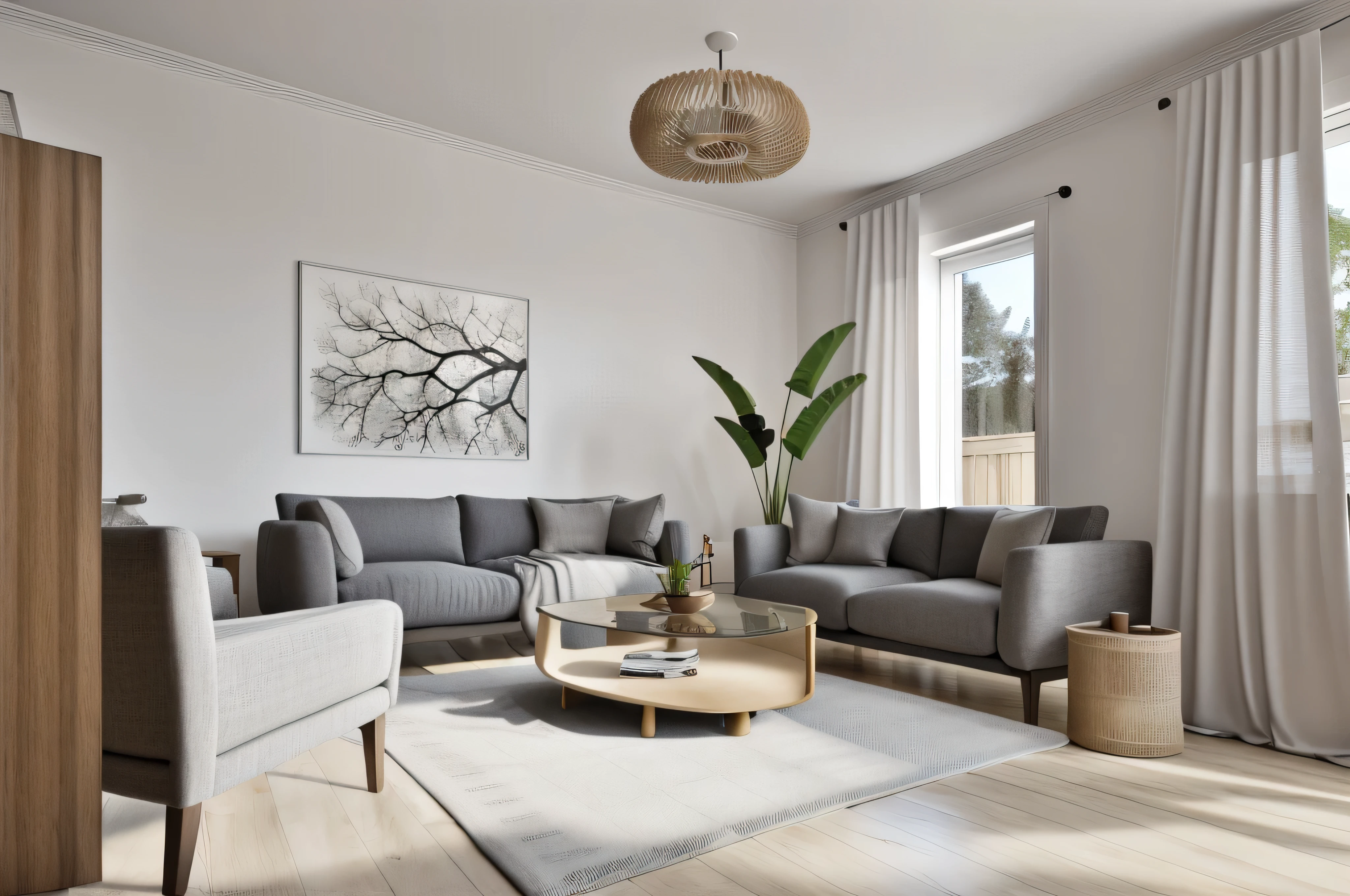 interior, a living room with a sofa, Cadeira, mesa and janelas with cortinas on them and a chandelier hanging from the ceiling, vray rendering, a digital rendering, fotorrealismo interior, flor, dentro de casa, tree, sem humanos, janela, Cadeira, mesa, plantar, cortinas, scenario, sofa, wood floor, vaso 8k, ultra-detalhe, high resolution, and impeccable shadow play. Rendered in digital illustration, bears a resemblance to the works of Yoko Honda. Tendo como pano de fundo uma sala Nayuta Nordic Modern Interior Design, the scene features a Cadeira, a mesa, cortinas, um luxuoso sofa, um copo, um livro espalhado, e uma planta vibrante. A temperatura da cor banha a sala em tons dourados, aumentando seu charme. In the absence of humans, o scenario ressoa com profunda quietude. Rastreamento de raio, photon mapping, and radiosity merge perfectly with professional lighting to create an ethereal atmosphere with a beautiful framed photo and white passepartout on the wall.