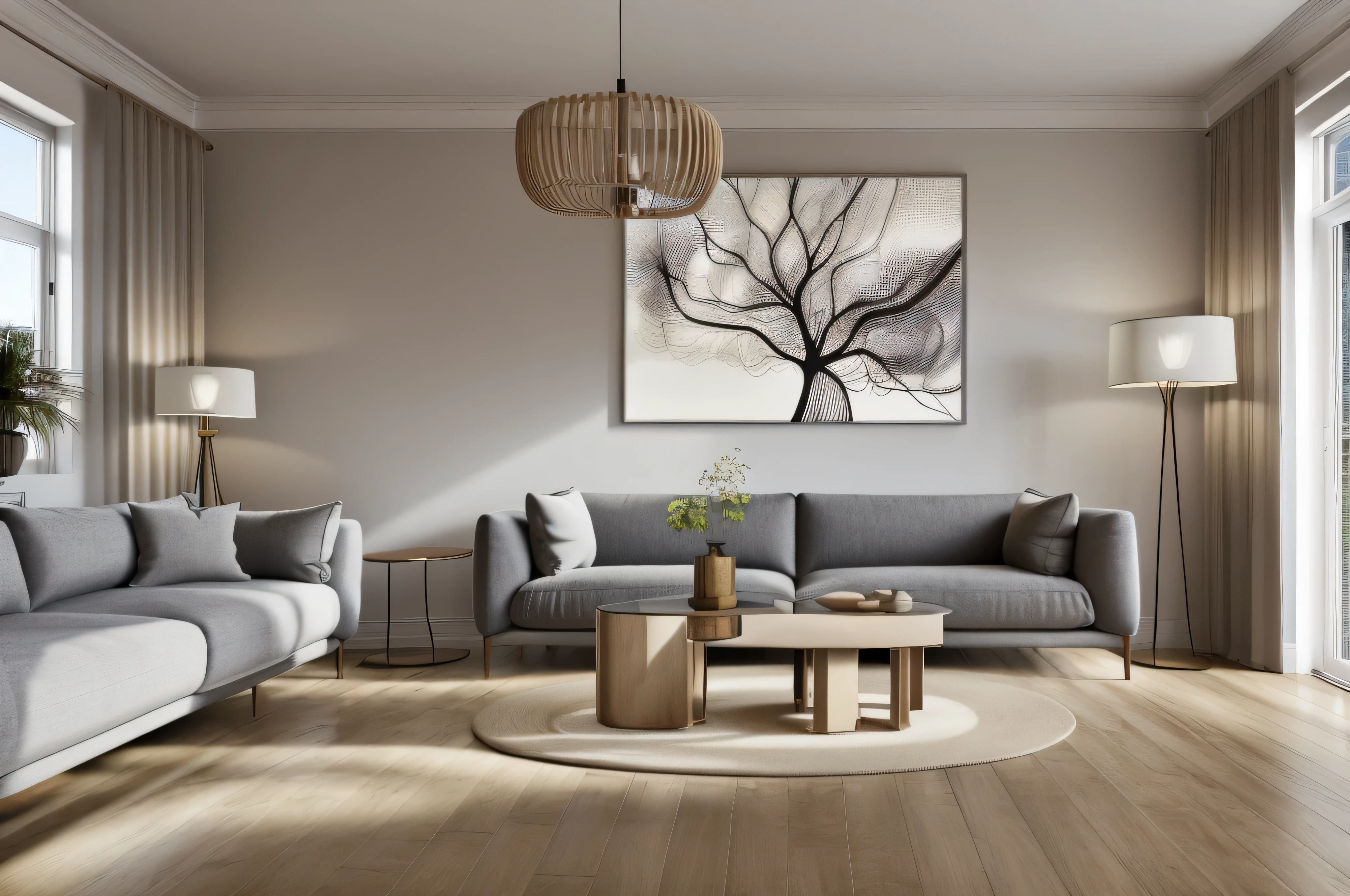 interior, a living room with a sofa, Cadeira, mesa and janelas with cortinas on them and a chandelier hanging from the ceiling, vray rendering, a digital rendering, fotorrealismo interior, flor, dentro de casa, tree, sem humanos, janela, Cadeira, mesa, plantar, cortinas, scenario, sofa, wood floor, vaso 8k, ultra-detalhe, high resolution, and impeccable shadow play. Rendered in digital illustration, bears a resemblance to the works of Yoko Honda. Tendo como pano de fundo uma sala Nayuta Nordic Modern Interior Design, the scene features a Cadeira, a mesa, cortinas, um luxuoso sofa, um copo, um livro espalhado, e uma planta vibrante. A temperatura da cor banha a sala em tons dourados, aumentando seu charme. In the absence of humans, o scenario ressoa com profunda quietude. Rastreamento de raio, photon mapping, and radiosity merge perfectly with professional lighting to create an ethereal atmosphere with a beautiful framed photo and white passepartout on the wall.